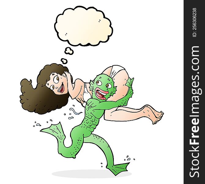 cartoon swamp monster carrying girl in bikini with thought bubble