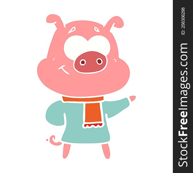 happy flat color style cartoon pig wearing warm clothes