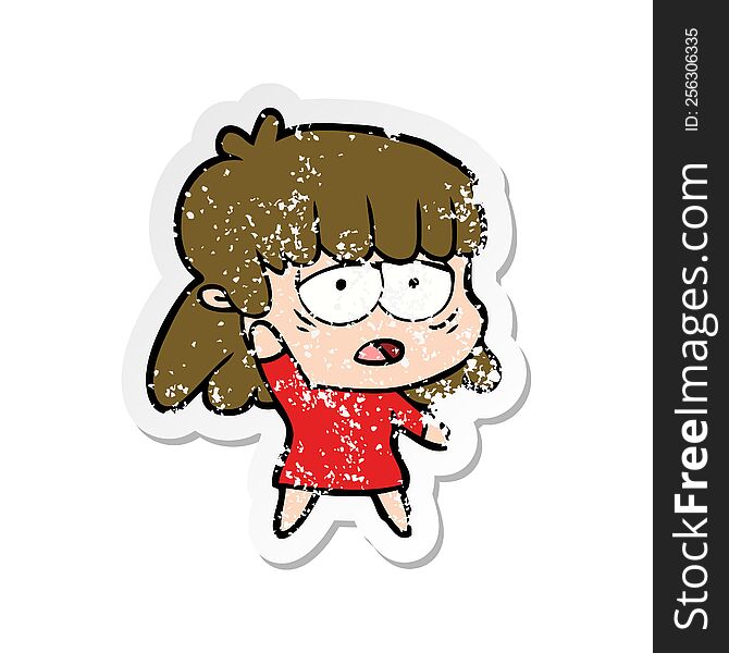 Distressed Sticker Of A Cartoon Tired Woman Waving