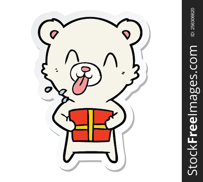 sticker of a rude cartoon polar bear sticking out tongue with present