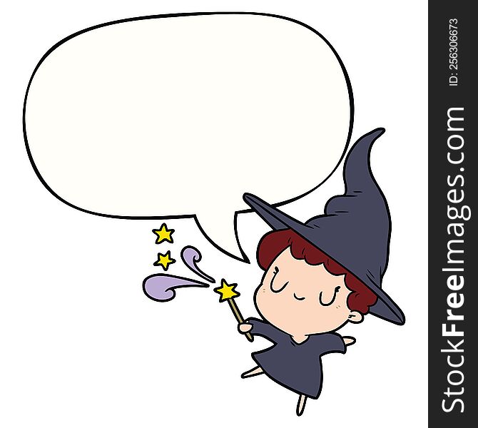 cute cartoon witch casting spell with speech bubble