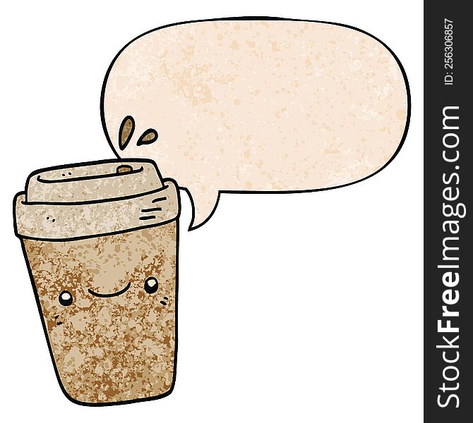 cartoon takeaway coffee with speech bubble in retro texture style