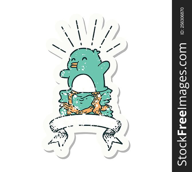 Grunge Sticker Of Tattoo Style Penguin Sitting On Present