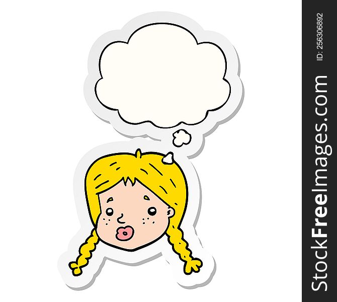 cartoon girls face with thought bubble as a printed sticker