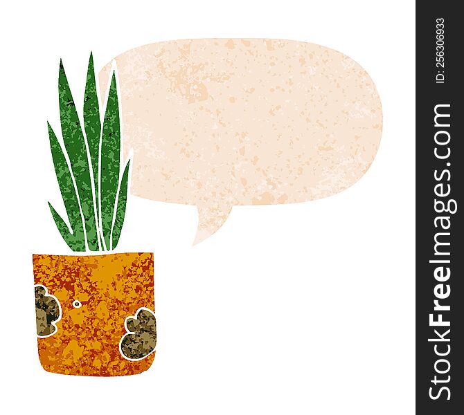 cartoon house plant with speech bubble in grunge distressed retro textured style. cartoon house plant with speech bubble in grunge distressed retro textured style