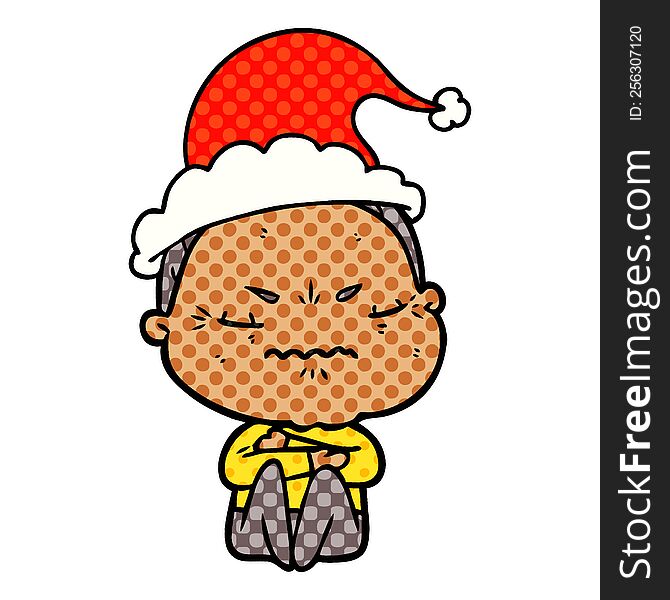 comic book style illustration of a annoyed old lady wearing santa hat