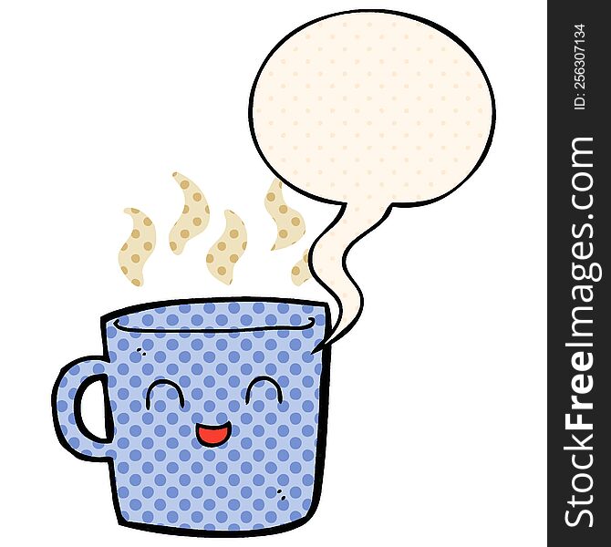 cute coffee cup cartoon with speech bubble in comic book style