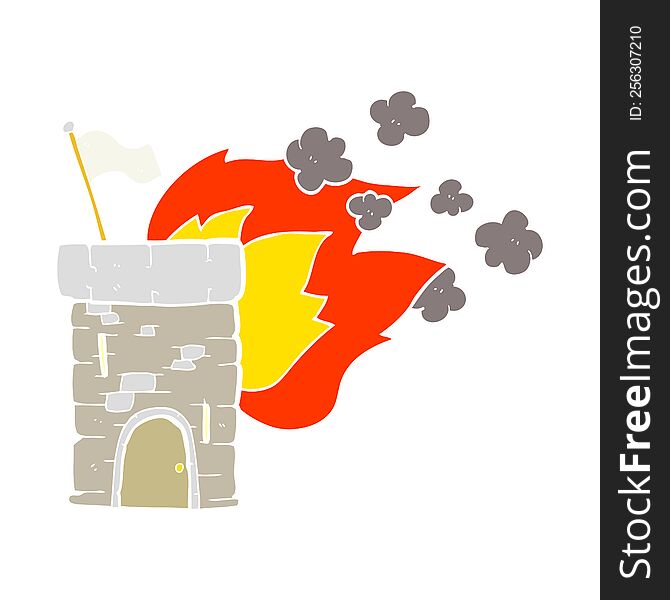 Flat Color Illustration Of A Cartoon Burning Castle Tower