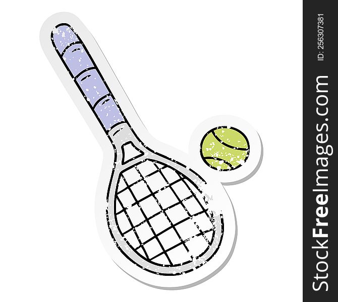 distressed sticker cartoon doodle tennis racket and ball