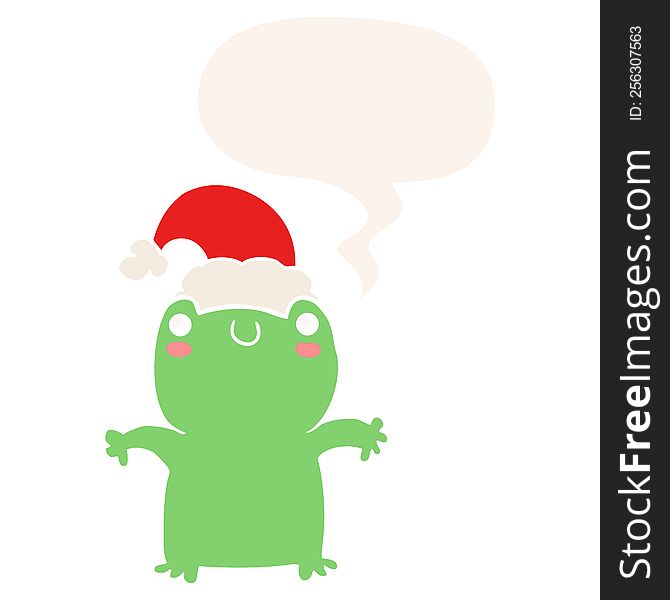 Cute Cartoon Frog Wearing Christmas Hat And Speech Bubble In Retro Style