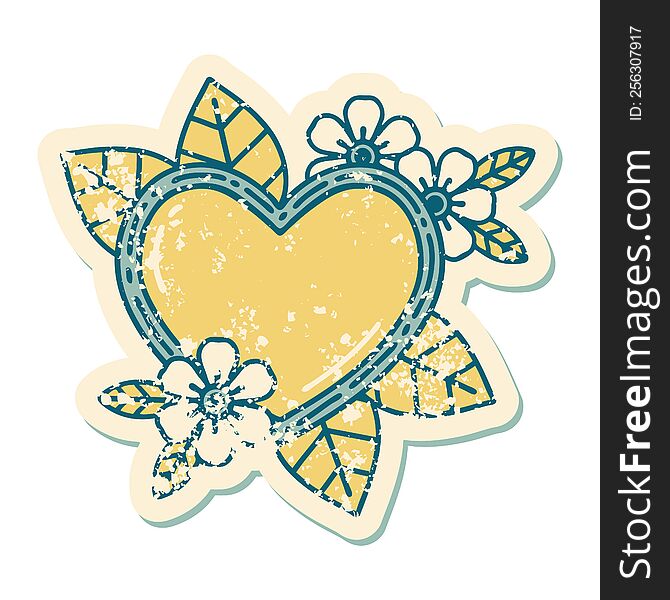 Distressed Sticker Tattoo Style Icon Of A Botanical Heart