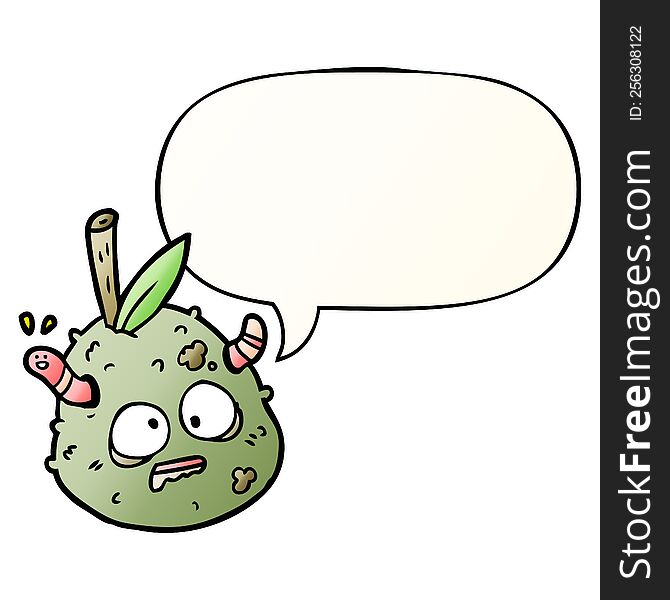 cartoon rotting old pear with worm with speech bubble in smooth gradient style. cartoon rotting old pear with worm with speech bubble in smooth gradient style