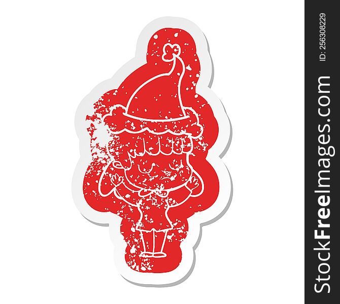 quirky cartoon distressed sticker of a indifferent woman wearing santa hat
