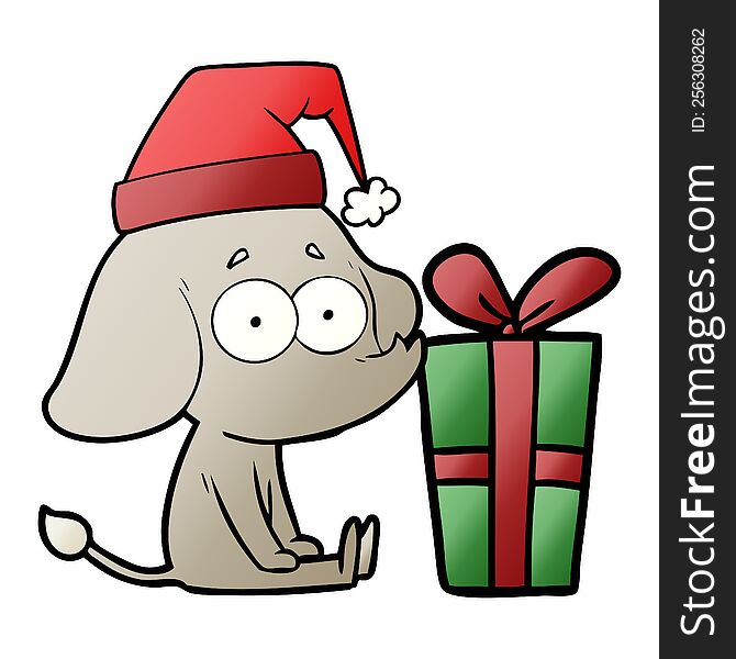 cartoon unsure elephant sat on floor with christmas present. cartoon unsure elephant sat on floor with christmas present