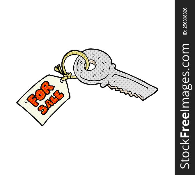 freehand drawn cartoon house key with for sale tag