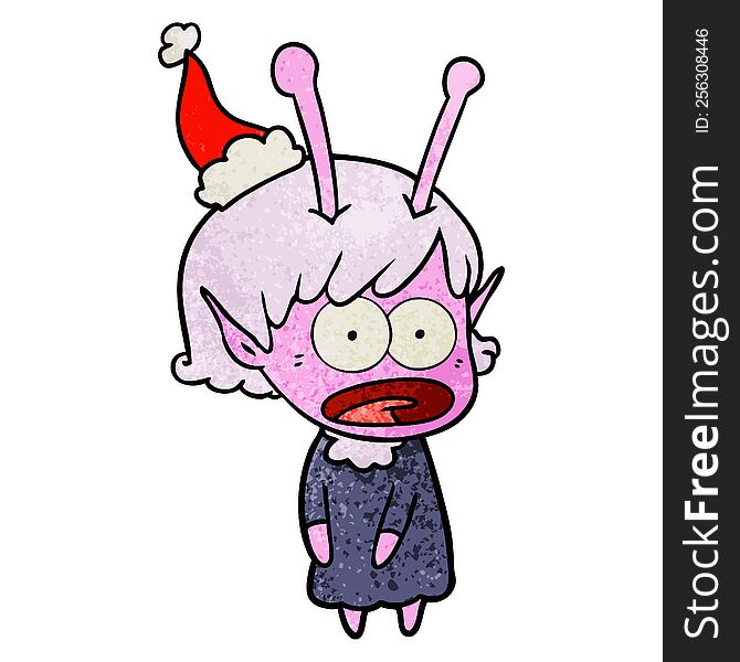 textured cartoon of a shocked alien girl wearing santa hat