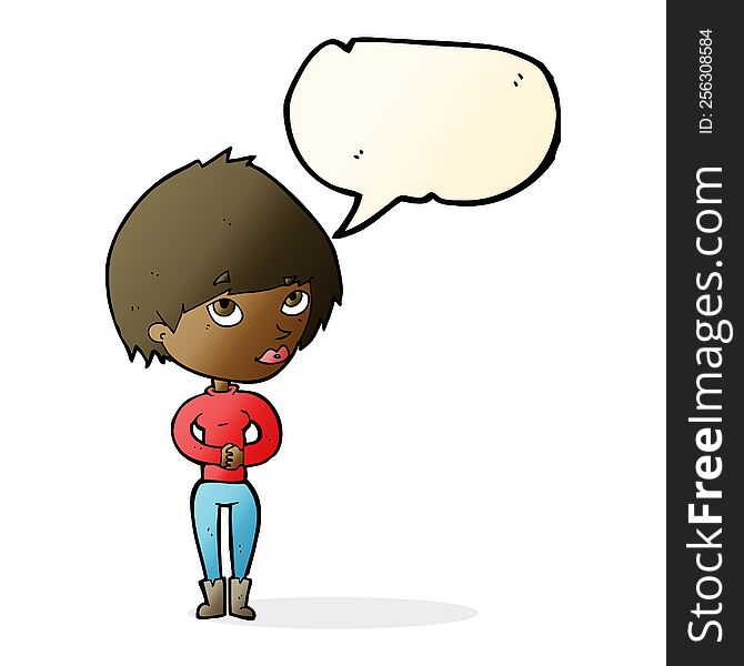 Cartoon Woman Considering With Speech Bubble