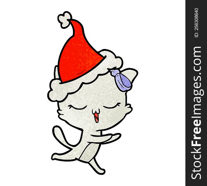 hand drawn textured cartoon of a cat with bow on head wearing santa hat
