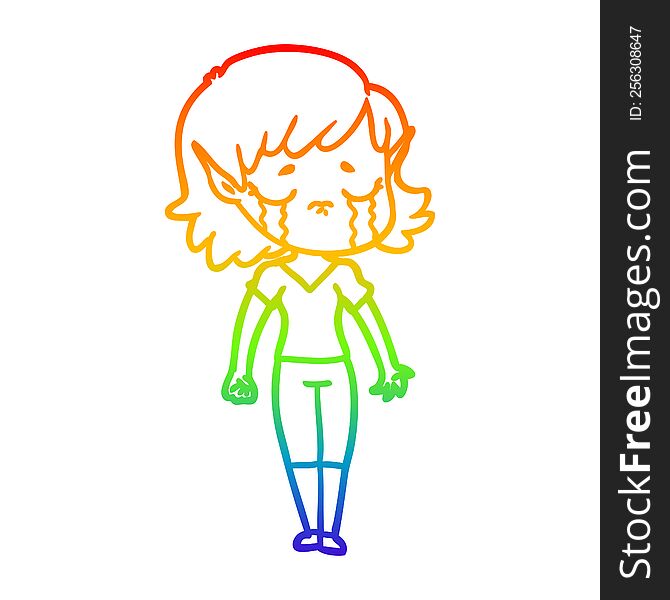 Rainbow Gradient Line Drawing Crying Cartoon Elf Girl
