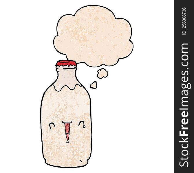 cute cartoon milk bottle with thought bubble in grunge texture style. cute cartoon milk bottle with thought bubble in grunge texture style