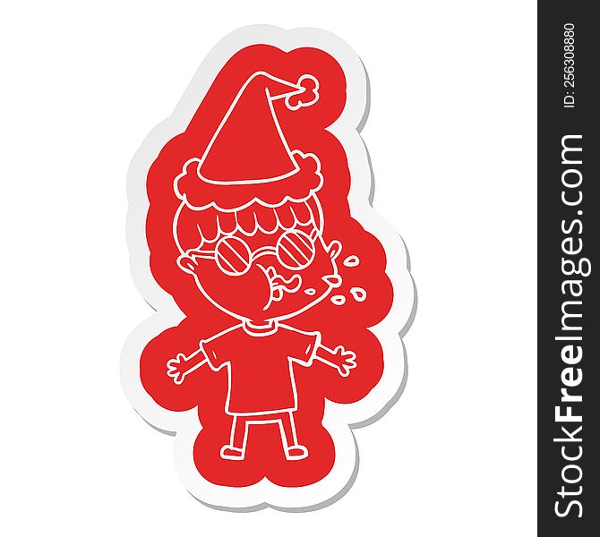 quirky cartoon  sticker of a boy wearing spectacles wearing santa hat