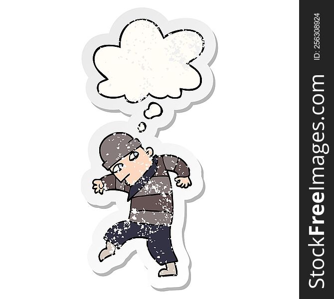 Cartoon Sneaking Thief And Thought Bubble As A Distressed Worn Sticker