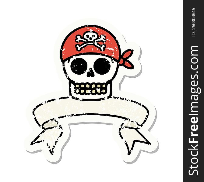 worn old sticker with banner of a pirate skull. worn old sticker with banner of a pirate skull