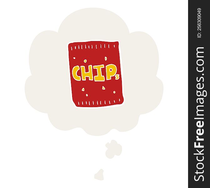 Cartoon Packet Of Chips And Thought Bubble In Retro Style