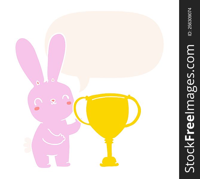 Cute Cartoon Rabbit And Sports Trophy Cup And Speech Bubble In Retro Style