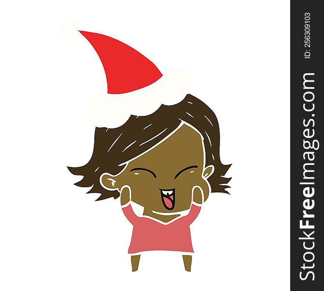 Happy Flat Color Illustration Of A Girl Wearing Santa Hat