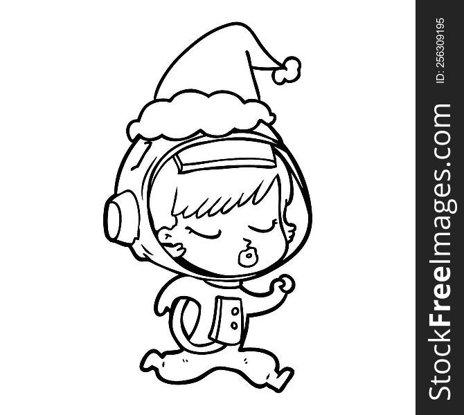 hand drawn line drawing of a pretty astronaut girl running wearing santa hat