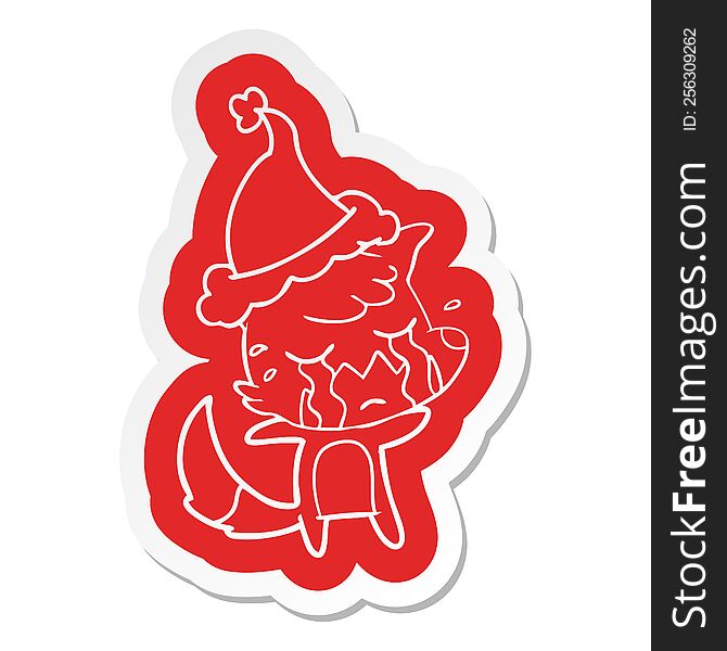 Crying Fox Cartoon  Sticker Of A Wearing Santa Hat