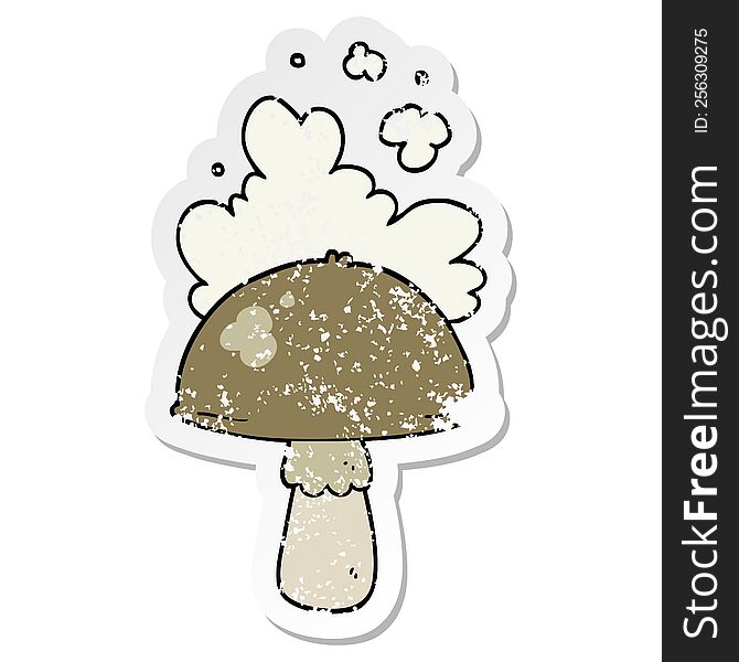 distressed sticker of a cartoon mushroom with spore cloud