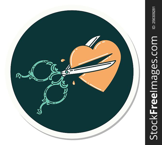 sticker of tattoo in traditional style of scissors cutting a heart. sticker of tattoo in traditional style of scissors cutting a heart