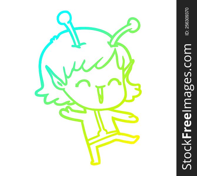 cold gradient line drawing of a cartoon alien girl laughing