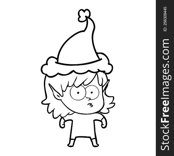 Line Drawing Of A Elf Girl Staring Wearing Santa Hat