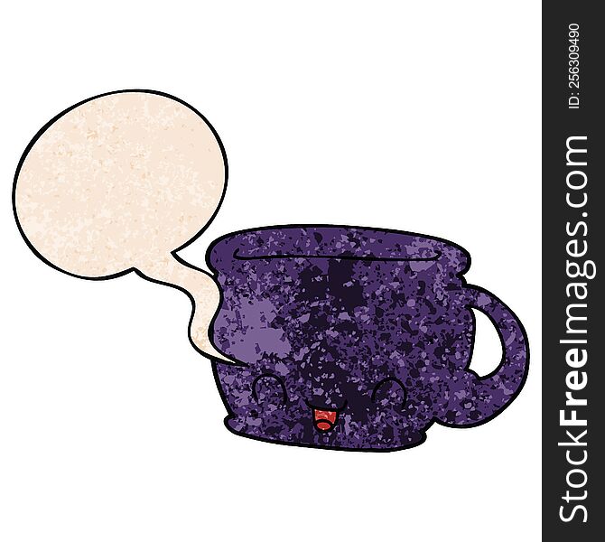 cartoon cup of coffee with speech bubble in retro texture style