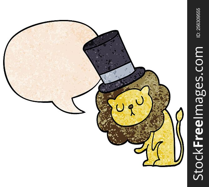 Cute Cartoon Lion Wearing Top Hat And Speech Bubble In Retro Texture Style