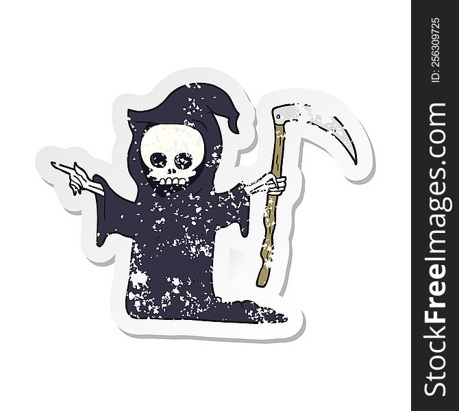 Retro Distressed Sticker Of A Cartoon Death With Scythe