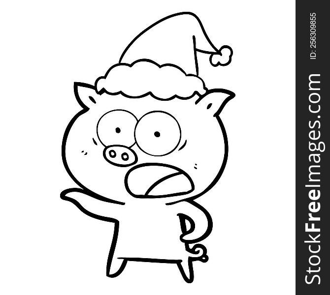 Line Drawing Of A Pig Shouting Wearing Santa Hat