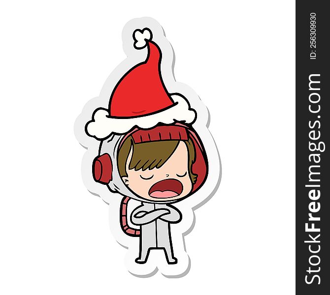 Sticker Cartoon Of A Astronaut Woman Explaining Wearing Santa Hat