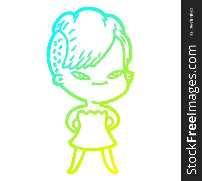 cold gradient line drawing of a cute cartoon girl with hipster haircut