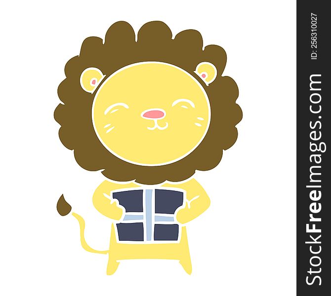 Flat Color Style Cartoon Lion With Christmas Present