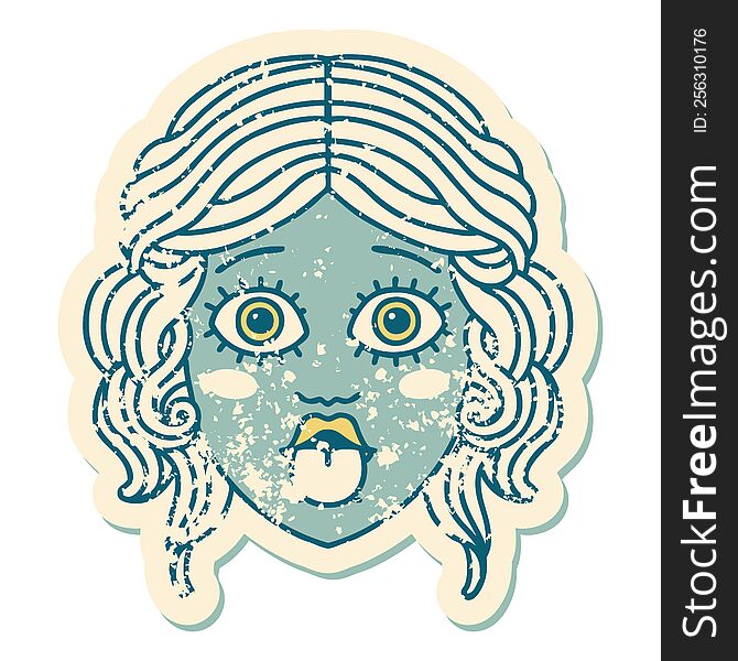 Distressed Sticker Tattoo Style Icon Of Female Face Sticking Out Tongue