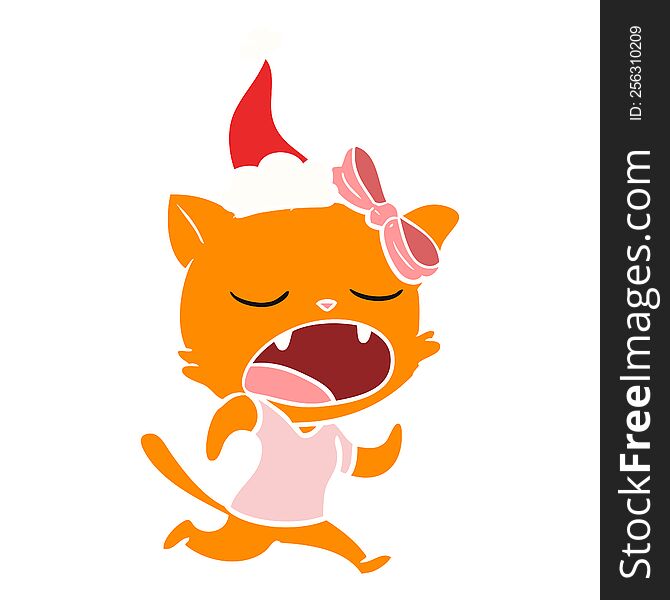 hand drawn flat color illustration of a yawning cat wearing santa hat