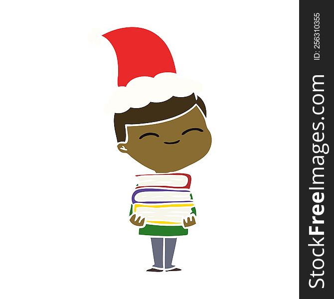 hand drawn flat color illustration of a smiling boy with stack of books wearing santa hat