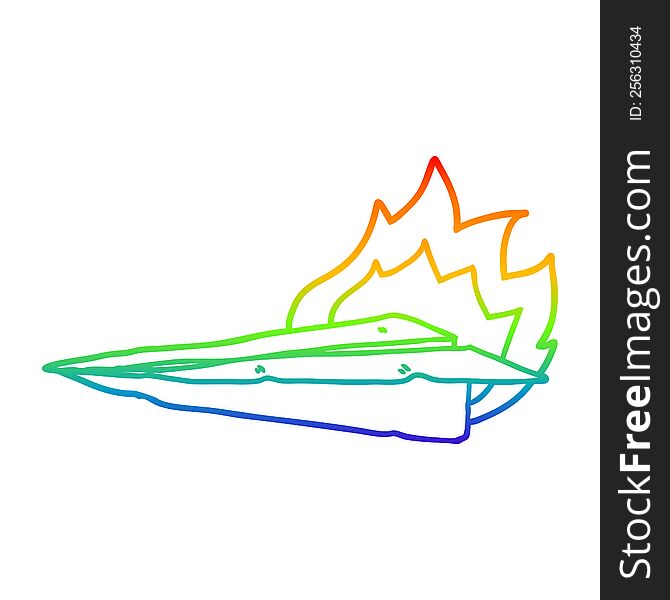 rainbow gradient line drawing of a cartoon burning paper airplane