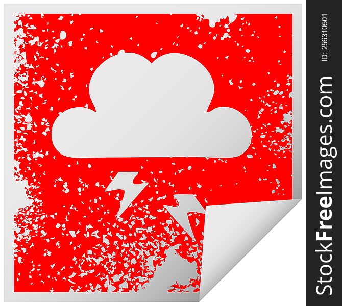 distressed square peeling sticker symbol of a thunder cloud