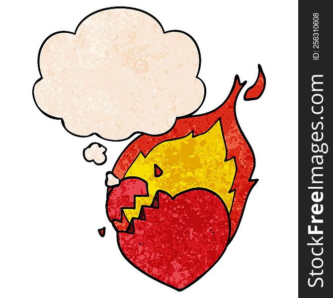 cartoon flaming heart and thought bubble in grunge texture pattern style