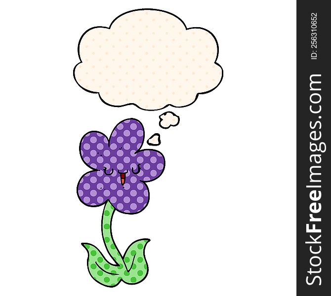 cartoon flower with happy face with thought bubble in comic book style